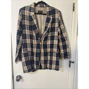 Requirements Blazer Womens 10 Navy Blue Plaid Linen Blend Jacket Academia Career